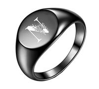 PAMTIER Initial Rings for Men Women Letter Rose Flower Name Black Silver Gold Plated Size 4 Stainless Steel Cool Personalised Statement Simple Jewellery Black N Size P 1/2