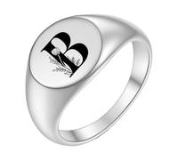 PAMTIER Initial Rings for Men Women Letter Rose Flower Name Black Silver Gold Plated Size 4 Stainless Steel Cool Personalised Statement Simple Jewellery Silver B Size N 1/2