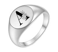 PAMTIER Initial Rings for Men Women Letter Rose Flower Name Black Silver Gold Plated Size 4 Stainless Steel Cool Personalised Statement Simple Jewellery Silver A Size N 1/2