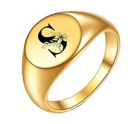 PAMTIER Initial Rings for Men Women Letter Rose Flower Name Black Silver Gold Plated Size 4 Stainless Steel Cool Personalised Statement Simple Jewellery Gold S Size J 1/2