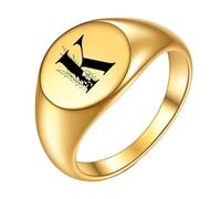 PAMTIER Initial Rings for Men Women Letter Rose Flower Name Black Silver Gold Plated Size 4 Stainless Steel Cool Personalised Statement Simple Jewellery Gold K Size L 1/2