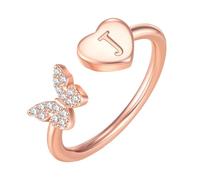 PAMTIER Initial Rings for Women Butterfly Silver Rose Gold Plated Open Adjustable Letter A-Z Cubic Zirconia Name Stainless Steel Cute Statement Dainty Jewellery Rose Gold Letter J