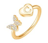 PAMTIER Initial Rings for Women Butterfly Silver Rose Gold Plated Open Adjustable Letter A-Z Cubic Zirconia Name Stainless Steel Cute Statement Dainty Jewellery Gold Letter C