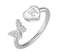 PAMTIER Initial Rings for Women Butterfly Silver Rose Gold Plated Open Adjustable Letter A-Z Cubic Zirconia Name Stainless Steel Cute Statement Dainty Jewellery Silver Letter N