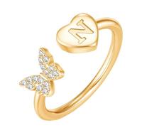 PAMTIER Initial Rings for Women Butterfly Silver Rose Gold Plated Open Adjustable Letter A-Z Cubic Zirconia Name Stainless Steel Cute Statement Dainty Jewellery Gold Letter N