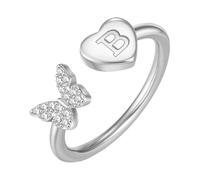 PAMTIER Initial Rings for Women Butterfly Silver Rose Gold Plated Open Adjustable Letter A-Z Cubic Zirconia Name Stainless Steel Cute Statement Dainty Jewellery Silver Letter B
