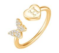 PAMTIER Initial Rings for Women Butterfly Silver Rose Gold Plated Open Adjustable Letter A-Z Cubic Zirconia Name Stainless Steel Cute Statement Dainty Jewellery Gold Letter H