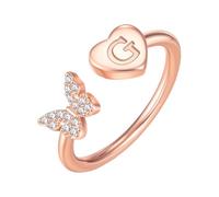 PAMTIER Initial Rings for Women Butterfly Silver Rose Gold Plated Open Adjustable Letter A-Z Cubic Zirconia Name Stainless Steel Cute Statement Dainty Jewellery Rose Gold Letter G