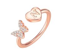 PAMTIER Initial Rings for Women Butterfly Silver Rose Gold Plated Open Adjustable Letter A-Z Cubic Zirconia Name Stainless Steel Cute Statement Dainty Jewellery Rose Gold Letter N