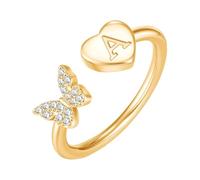 PAMTIER Initial Rings for Women Butterfly Silver Rose Gold Plated Open Adjustable Letter A-Z Cubic Zirconia Name Stainless Steel Cute Statement Dainty Jewellery Gold Letter A
