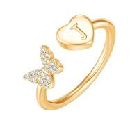 PAMTIER Initial Rings for Women Butterfly Silver Rose Gold Plated Open Adjustable Letter A-Z Cubic Zirconia Name Stainless Steel Cute Statement Dainty Jewellery Gold Letter J