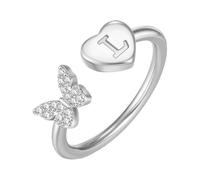 PAMTIER Initial Rings for Women Butterfly Silver Rose Gold Plated Open Adjustable Letter A-Z Cubic Zirconia Name Stainless Steel Cute Statement Dainty Jewellery Silver Letter L