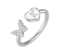PAMTIER Initial Rings for Women Butterfly Silver Rose Gold Plated Open Adjustable Letter A-Z Cubic Zirconia Name Stainless Steel Cute Statement Dainty Jewellery Silver Letter K