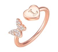 PAMTIER Initial Rings for Women Butterfly Silver Rose Gold Plated Open Adjustable Letter A-Z Cubic Zirconia Name Stainless Steel Cute Statement Dainty Jewellery Rose Gold Letter L