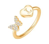 PAMTIER Initial Rings for Women Butterfly Silver Rose Gold Plated Open Adjustable Letter A-Z Cubic Zirconia Name Stainless Steel Cute Statement Dainty Jewellery Gold Letter L
