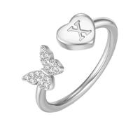 PAMTIER Initial Rings for Women Butterfly Silver Rose Gold Plated Open Adjustable Letter A-Z Cubic Zirconia Name Stainless Steel Cute Statement Dainty Jewellery Silver Letter X