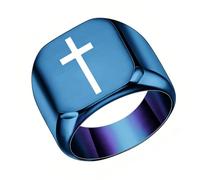 PAMTIER Men Stainless Steel 17mm Square Ring Signet Style Classical Simple Plain Wide Cross Promise Ring Blue Size W
