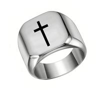 PAMTIER Men Stainless Steel 17mm Square Ring Signet Style Classical Simple Plain Wide Cross Promise Ring Silver Size H 1/2