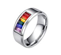 PAMTIER Men Stainless Steel Ring LGBT Pride Rainbow Statement Rings LGBTQ 8MM Rainbow Cubic Zirconia Wedding Bands, metal, metal