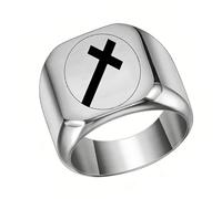 PAMTIER Men Stainless Steel Square Ring 17mm with Round Cross Pattern Signet Rings Simple Plain Cocktail Ring Silver Size S