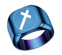 PAMTIER Men Stainless Steel Square Ring 17mm with Round Cross Pattern Signet Rings Simple Plain Cocktail Ring Blue Size Z+1
