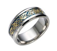 PAMTIER Men Women's Stainless Steel Carbon Fiber Celtic Dragon Pattern Wedding Band Ring Yellow Dragon Blue Size L 1/2