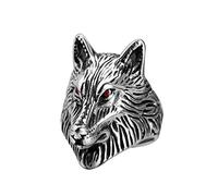PAMTIER Men's Stainless Steel Vintage Biker Red Eye Wolf Head Ring Silver Size W