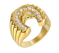PAMTIER Men's Stainless Steel Vintage Hip Hop Punk Iced Out Round CZ Horse Biker Ring, Metal, Cubic Zirconia