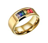 PAMTIER Rainbow Cubic Zirconia LGBT Pride Ring Stainless Steel Enamel Lesbian Gay Bisexual LGBTQ Pride Month Wedding Band Gold Size J 1/2