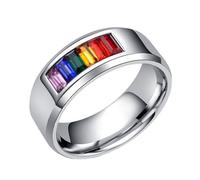 PAMTIER Rainbow Cubic Zirconia LGBT Pride Ring Stainless Steel Enamel Lesbian Gay Bisexual LGBTQ Pride Month Wedding Band Silver Size U