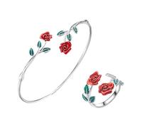 PAMTIER Rose Bracelet Ring Set for Women 2PCS Silver Rose Gold Plated Stainless Steel Adjustable Open Finger Cuff Statement Dainty Elegant Red Pink Vintage Flower Floral Jewellery Silver