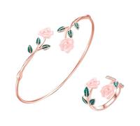 PAMTIER Rose Bracelet Ring Set for Women 2PCS Silver Rose Gold Plated Stainless Steel Adjustable Open Finger Cuff Statement Dainty Elegant Red Pink Vintage Flower Floral Jewellery Rose Gold