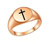 PAMTIER Women Stainless Steel Oval Ring 12mm Signet Rings Simple Plain Cross Pattern Religious Ring Rose Gold Size N 1/2