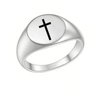 PAMTIER Women Stainless Steel Oval Ring 12mm Signet Rings Simple Plain Cross Pattern Religious Ring Silver Size U