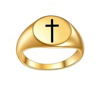 PAMTIER Women Stainless Steel Oval Ring 12mm Signet Rings Simple Plain Cross Pattern Religious Ring Gold Size U