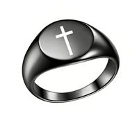 PAMTIER Women Stainless Steel Oval Ring 12mm Signet Rings Simple Plain Cross Pattern Religious Ring Black Size N 1/2