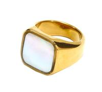 PAMTIER Women Stainless Steel Square Ring Abalone Shell Ring Mother of Pearl Inlay Wedding Band Gold Plated White Size U