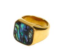 PAMTIER Women Stainless Steel Square Ring Abalone Shell Ring Mother of Pearl Inlay Wedding Band Gold Size U