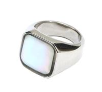 PAMTIER Women Stainless Steel Square Ring Abalone Shell Ring Mother of Pearl Inlay Wedding Band Silver Plated White Size N 1/2