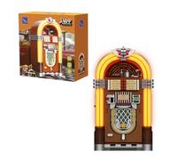 PAN TASY Retro Jukebox Building Kit with Coin & Sound Function, Mechanical Music Box Model with Acrylic Records, Recording Studio & Minifigure, Collectible Construction Toy Gift for Adults and Teens