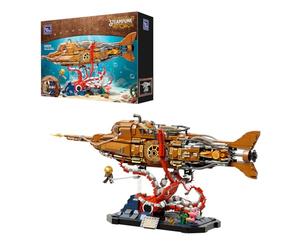 PAN TASY Steampunk Nautilus Submarine Building Set, Modular 3-Section Design with Gear-Linked Propeller, Mini Boat & Undersea Adventure Scene, Retro Mechanical Collectible Model Kit for Adults