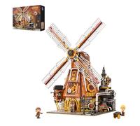 PAN TASY Steampunk Windmill Workshop Building Set | Dutch windmill architecture with motorised blades, mechanical gears and openable wall, collectible modular model for adults