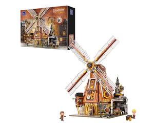 PAN TASY Steampunk Windmill Workshop Building Set - Dutch Windmill Architecture with Motorized Blades, Mechanical Gears, Openable Wall - Collectible Modular Brick Kit for Adults