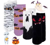 PanAcratis 4 Pair Halloween Fluffy Socks, Halloween Gifts Winter Warm Supplies Cute Sleeping Socks Warm and Soft for Winter Festival Party for Men Women