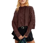 Panadila Womens Cropped Sweater Crew Neck Cable Knit Sweater Ribbed Long Sleeve Top Soft Boxy Pullover, Dark Brown, Small