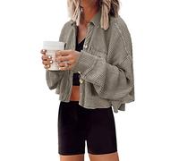 Panadila Women's Cropped Waffle Knit Shacket Short Button Down Jacket Batwing Sleeve Shirts with Pocket, Dusty Khaki, L