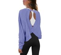 Panadila Womens Open Back Workout Top Long Sleeve Athletic Shirts Casual Crop Running Tee Y2k Yoga, Blue Purple, S