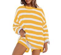 Panadila Womens Striped Sweater Set Oversized Lounge Sets Matching Pajamas Long Sleeve Sweater Top and Shorts, Lemon Yellow Combo, L