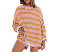 Panadila Womens Striped Sweater Set Oversized Lounge Sets Matching Pajamas Long Sleeve Sweater Top and Shorts, Yellow Purple, Large