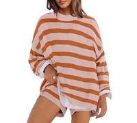 Panadila Womens Striped Sweater Set Oversized Lounge Sets Matching Pajamas Long Sleeve Sweater Top and Shorts, Dusty Pink Combo, Large